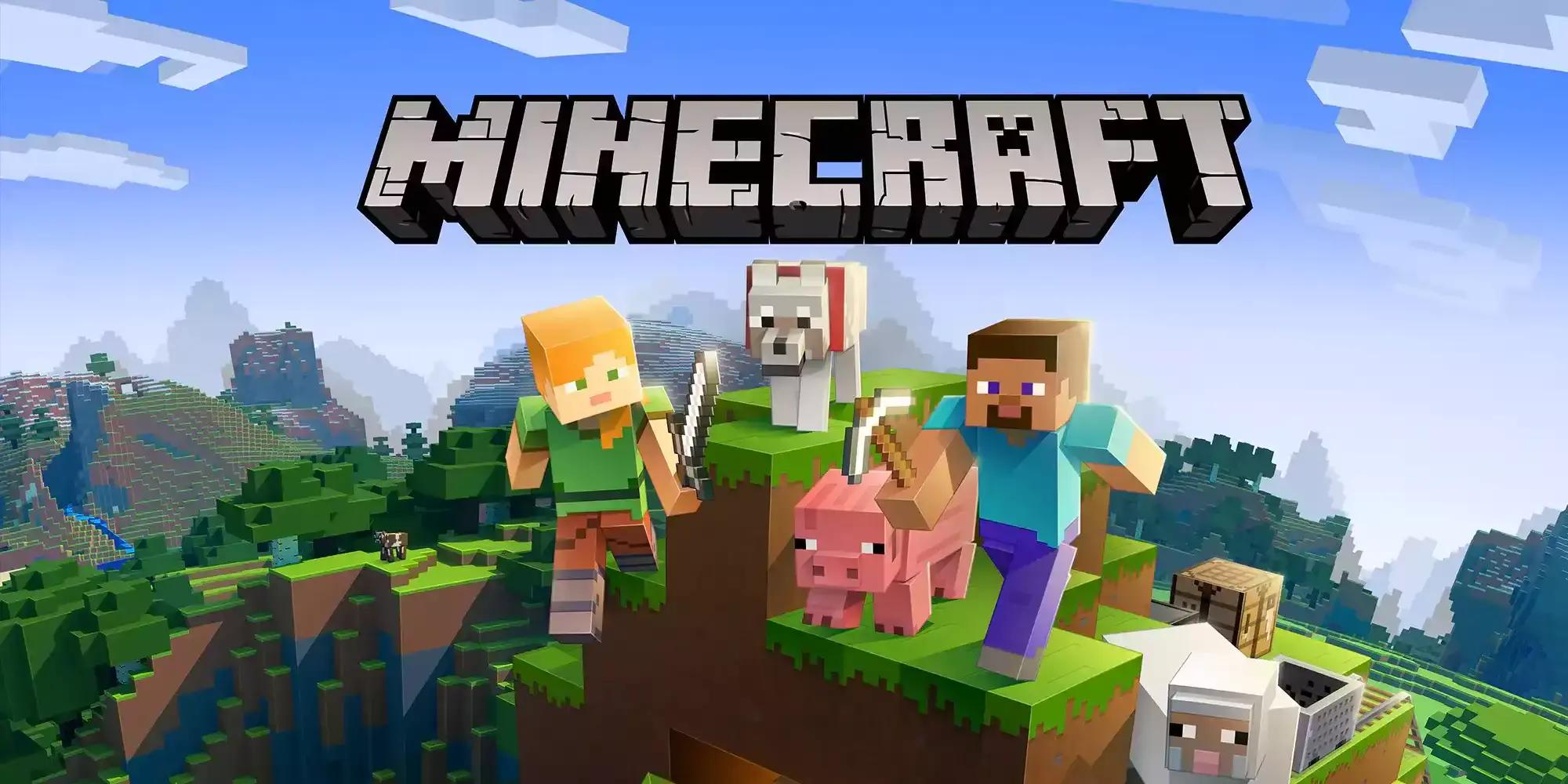 Minecraft landscape with Alex, Steve, and animals