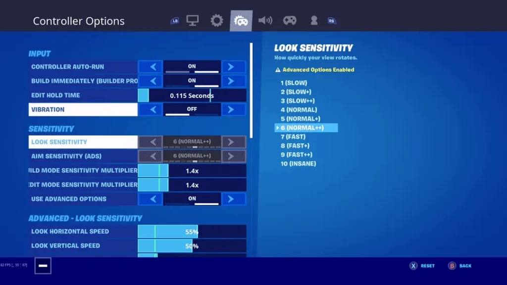Fortnite controller options screen with sensitivity settings