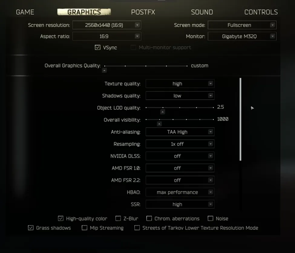 Escape from Tarkov Graphics Settings Menu