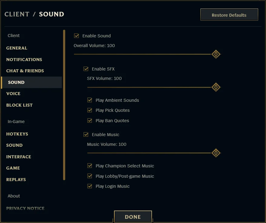 League of Legends client with no sound while in-game audio works