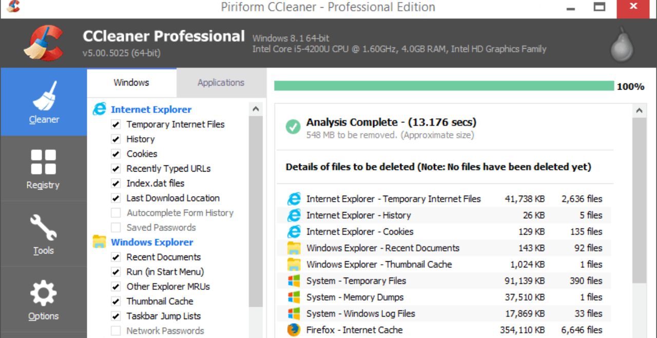CCleaner Professional cleanup dashboard