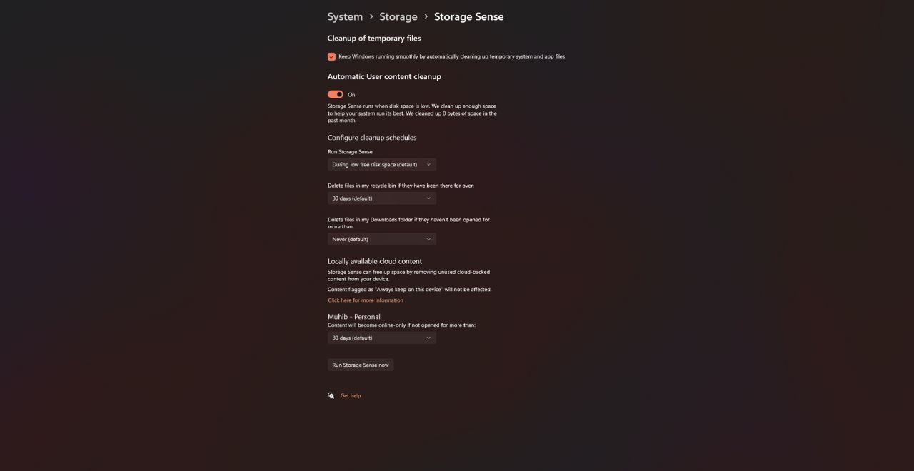 Windows Storage Sense cleanup settings