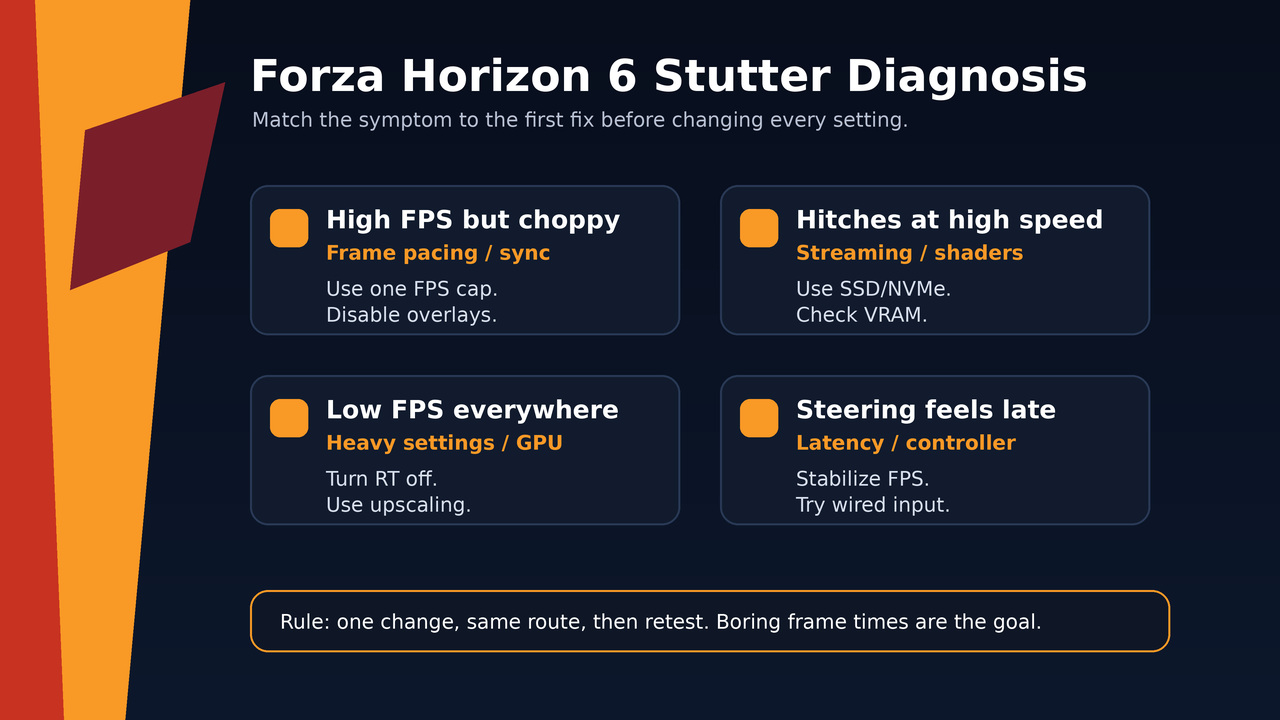 Smooth Forza Horizon 6 stutter diagnosis map with readable symptom cards