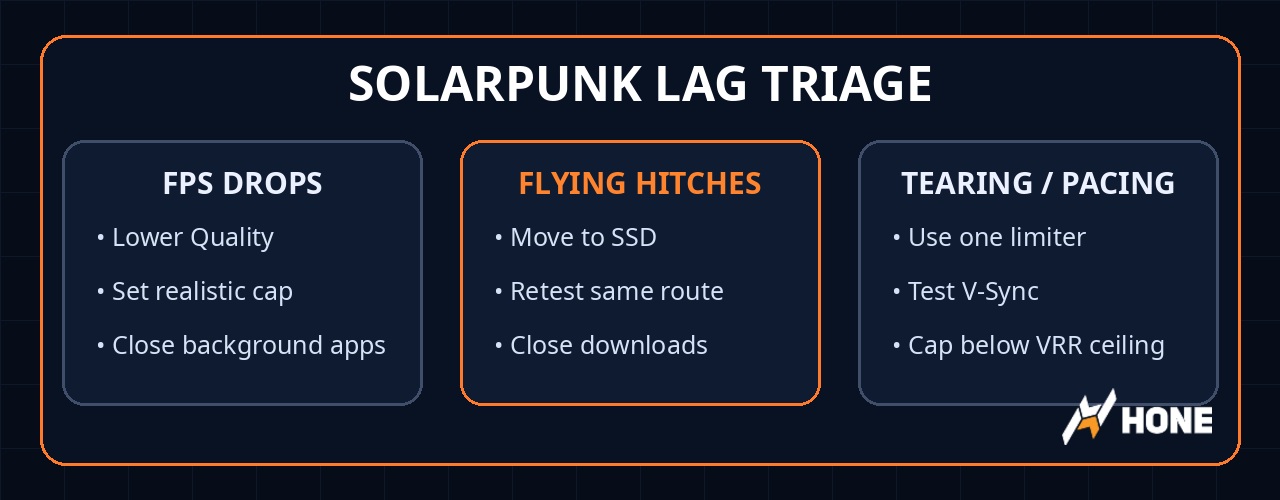 Solarpunk lag triage guide for FPS drops, flying hitches, and frame pacing