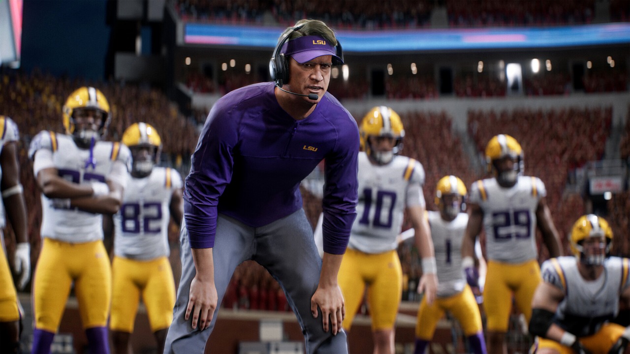 College Football 27 LSU sideline scene used for a repeatable PC graphics test