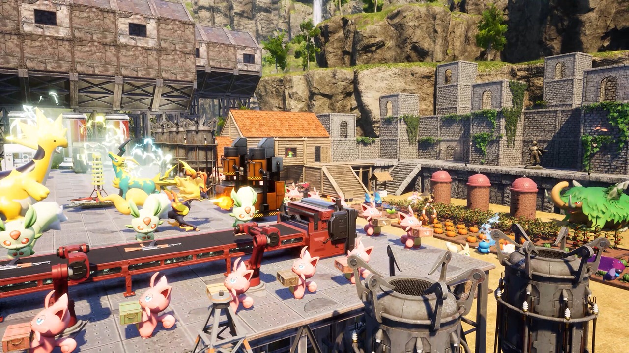 Busy Palworld base with many working Pals, production lines, crops, and structures