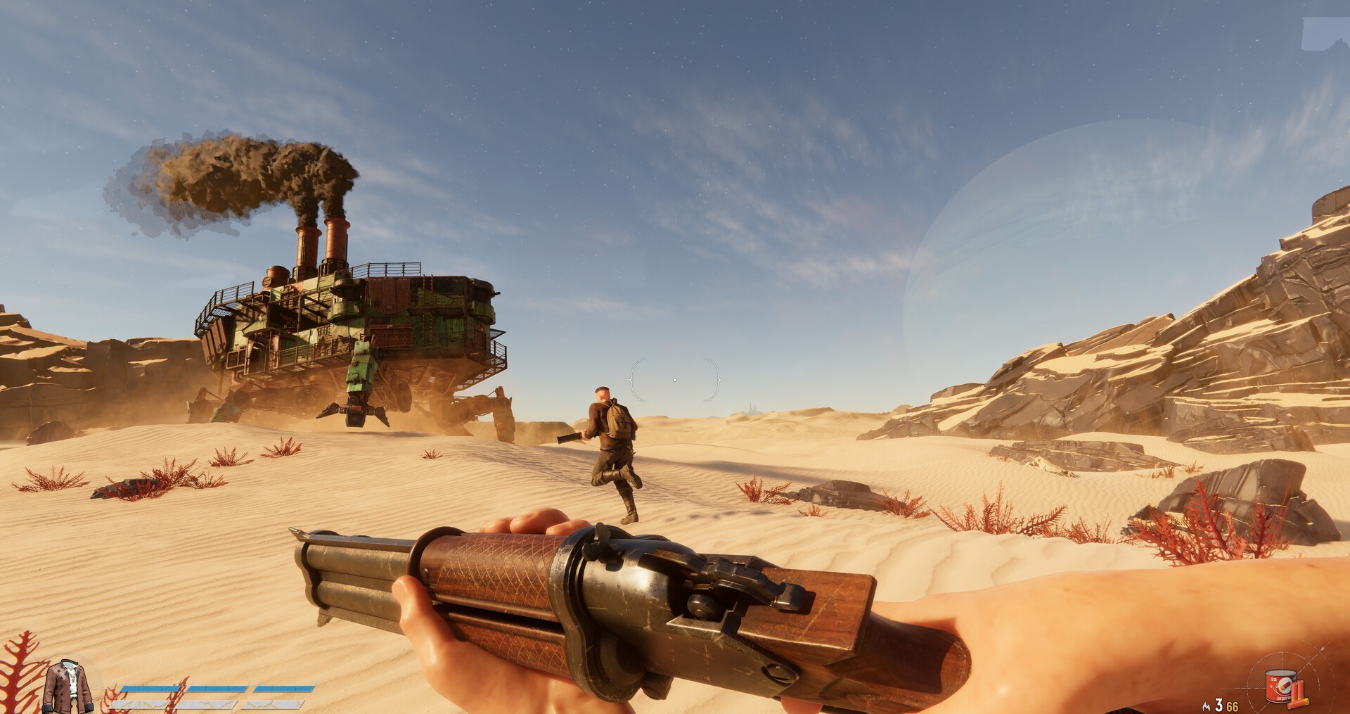 SAND Raiders of Sophie desert firefight with a Trampler in the distance