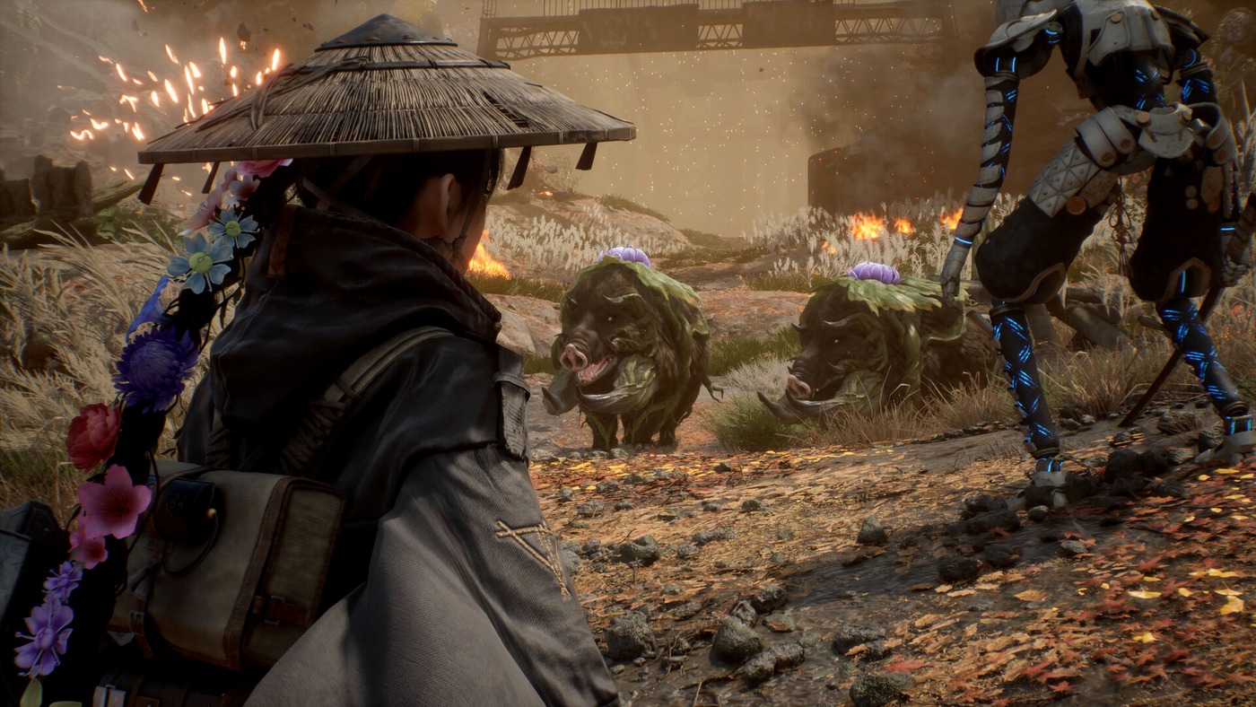 Beast of Reincarnation combat with Emma, Koo, enemies, fire, and particle effects