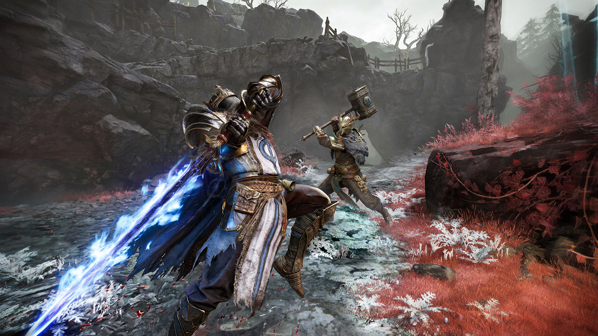 Mistfall Hunter melee fight with spell effects in a rocky outdoor arena