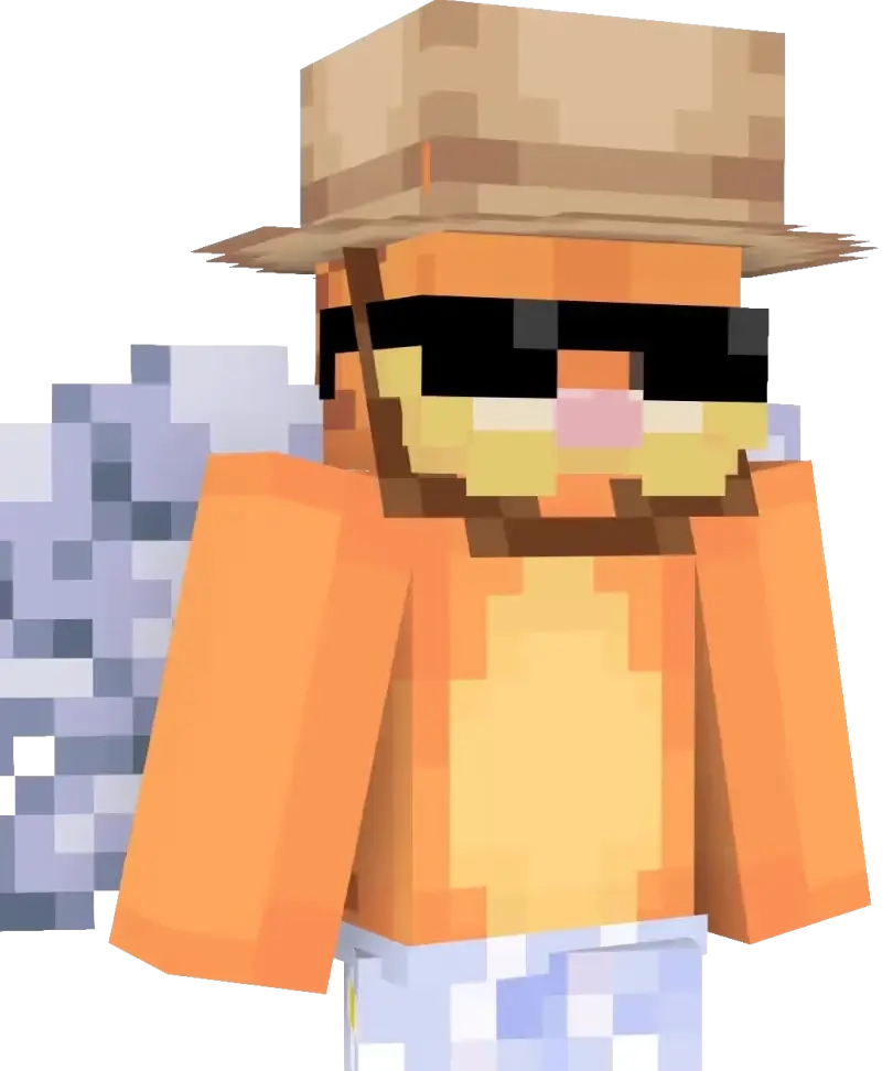 Minecraft character in orange clothing and a hat